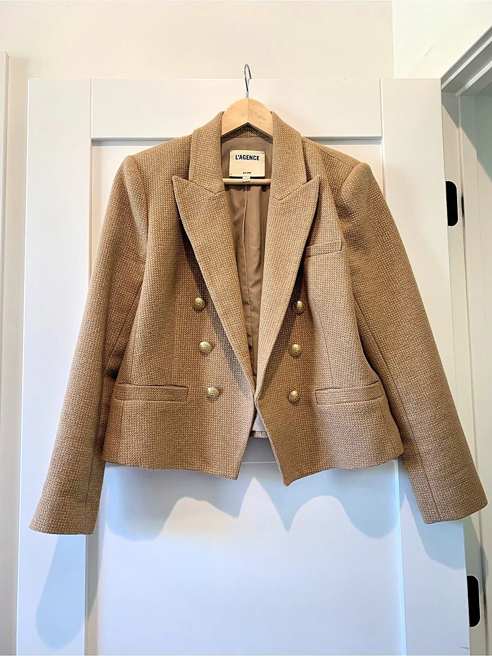 L'Agence Kenzie Double-Breasted Tweed Blazer Brown